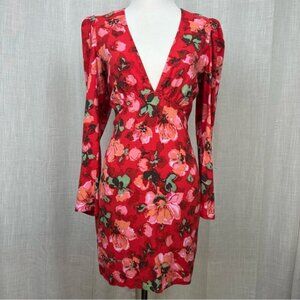 Womens Floral Babydoll Mini Dress M Red Puff Sleeves Valentines Retro 80s Deep V